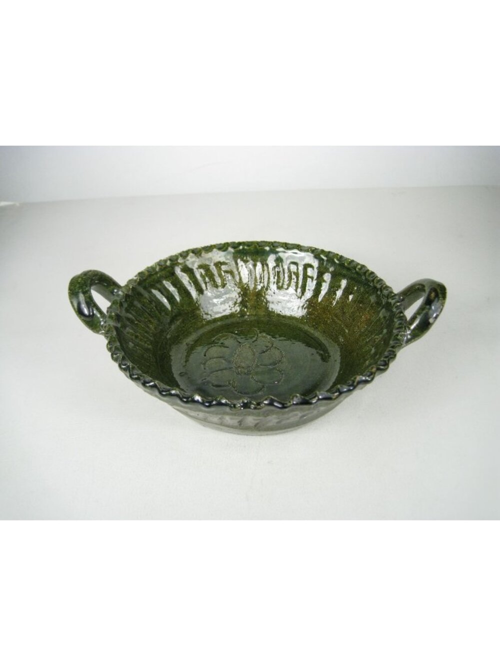 Handcrafted Green Glazed Ceramic Bowl Handles Folk Art Pottery Bowl Flower